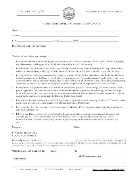 First page of the Homeowner Building Permit Affidavit