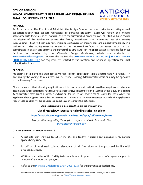 First page of the Small Collection Facilities Application