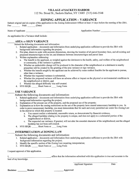 First page of the Zoning Variance Application