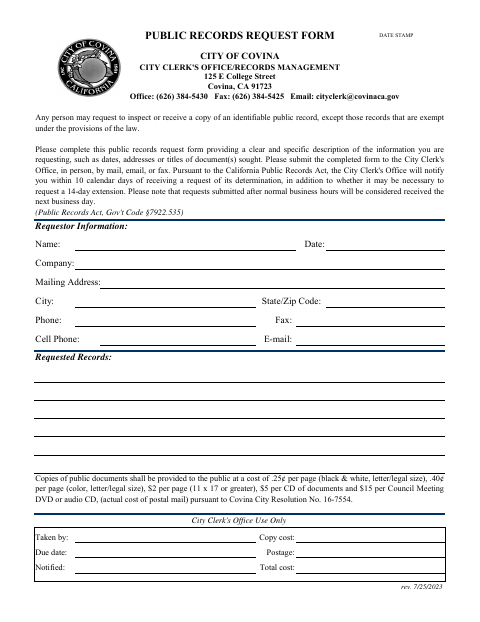 First page of the Public Records Request Form