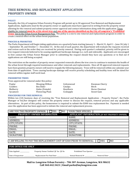 First page of the Tree Removal and Replacement Application