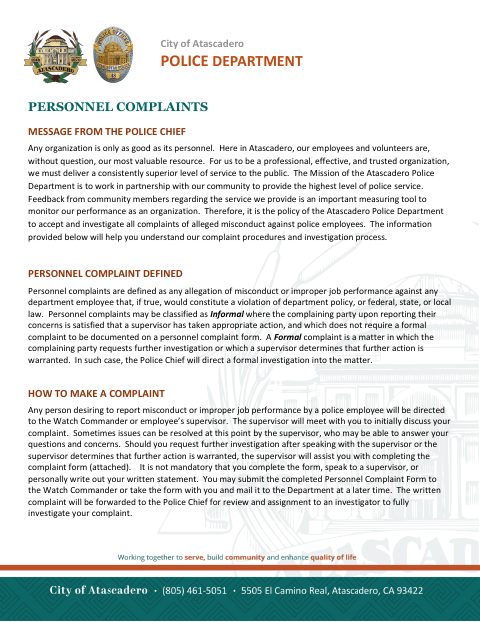 First page of the Police Personnel Complaint Form
