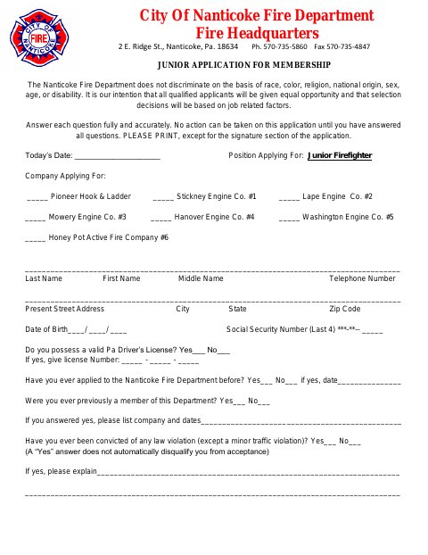 First page of the Junior Application for Membership