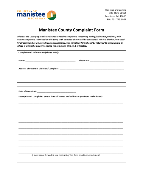 First page of the Manistee County Complaint Form