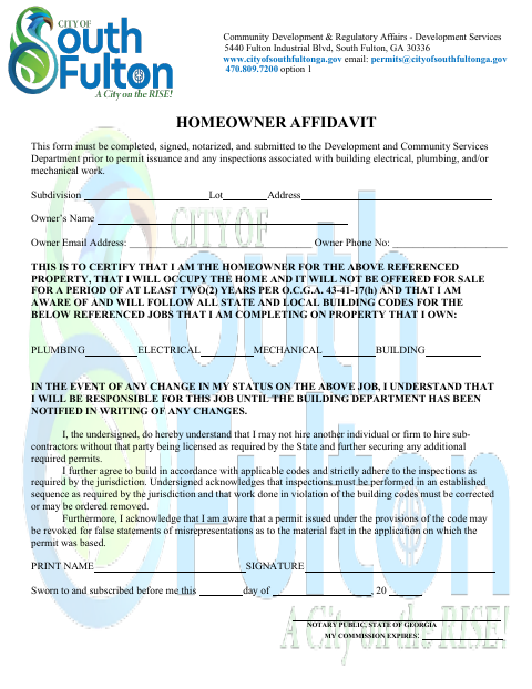 First page of the Homeowner Affidavit