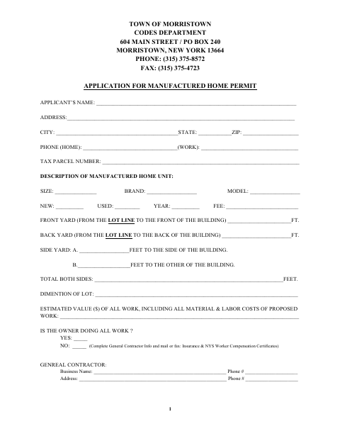 First page of the Manufactured Home Permit Application