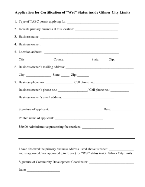 First page of the Application for Certification of “Wet” Status