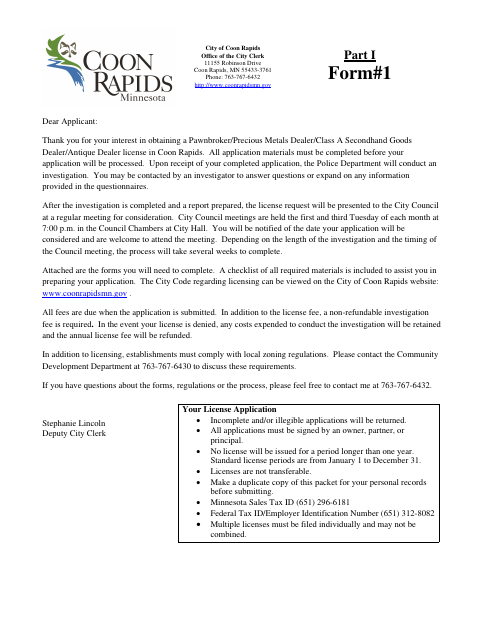 First page of the Pawnbroker, Precious Metals, Secondhand Goods, and Antique Dealer License Application