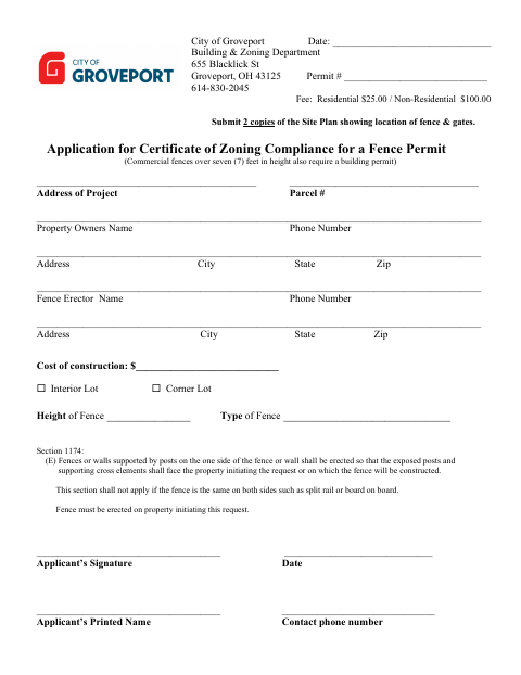 First page of the Application for Certificate of Zoning Compliance for a Fence Permit
