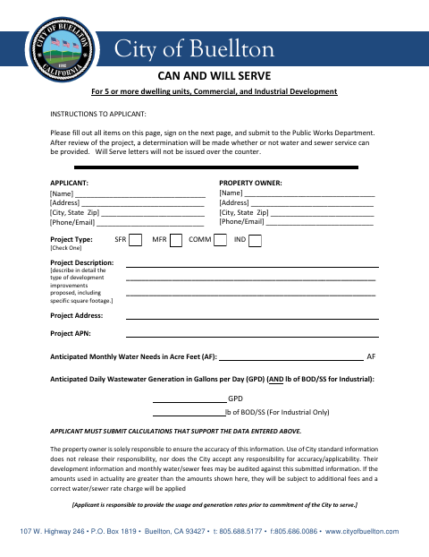 First page of the Can and Will Serve Application for 5 or More Dwelling Units, Commercial, and Industrial Development