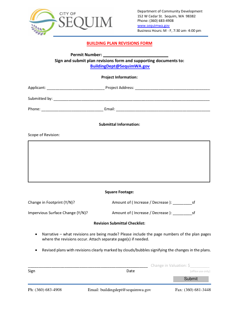 First page of the Building Plan Revisions Form