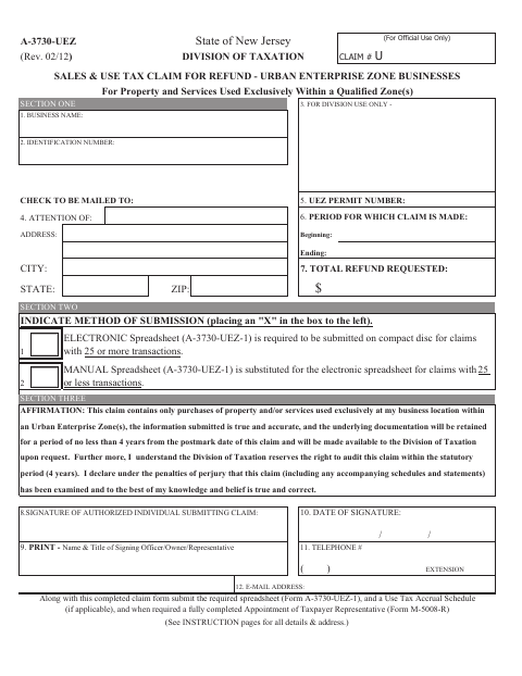 First page of the Sales & Use Tax Claim for Refund – Urban Enterprise Zone Businesses