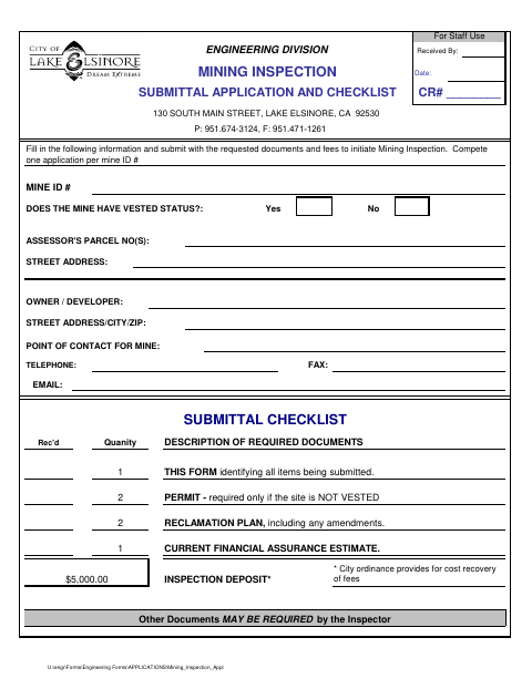 First page of the Mining Inspection Submittal Application and Checklist