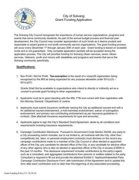 First page of the Grant Funding Application
