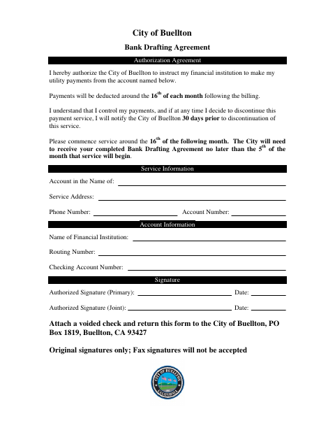 First page of the Bank Drafting Agreement