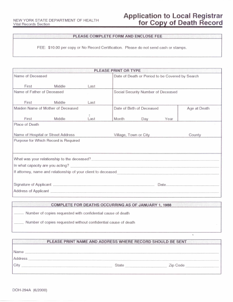 First page of the New York State Death Record Application