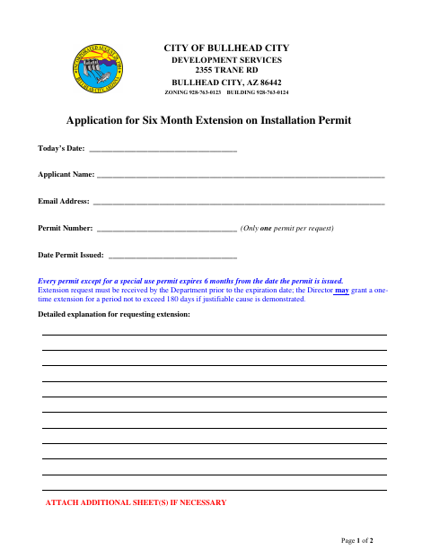 First page of the Application for Six Month Extension on Installation Permit