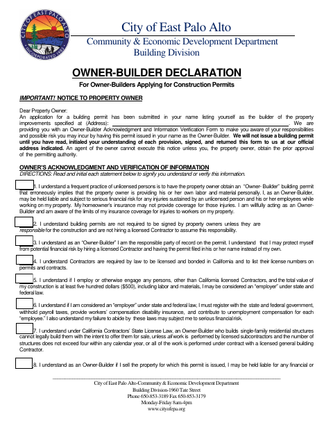 First page of the Owner-Builder Declaration