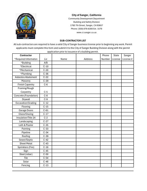 First page of the Sub-Contractor List