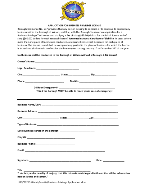 First page of the Business Privilege Application