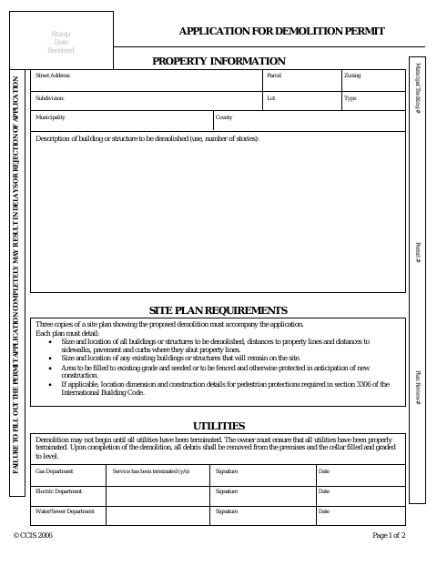 First page of the Demolition Permit Application