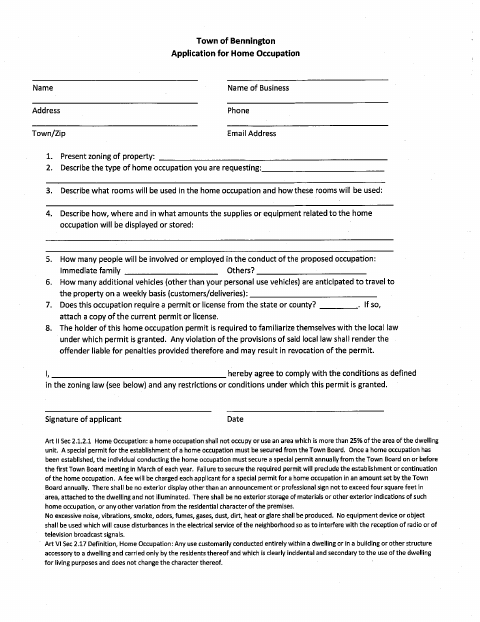 First page of the Home Occupation Application