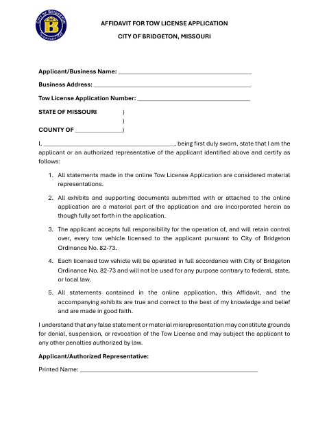 First page of the Affidavit for Tow License Application