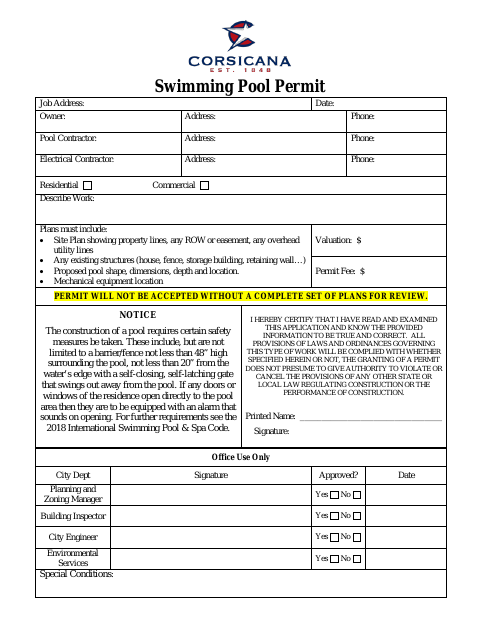 First page of the Swimming Pool Permit Application