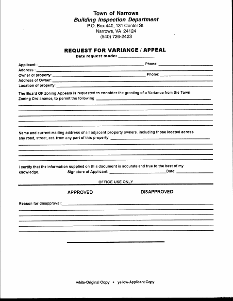 First page of the Request for Variance Appeal