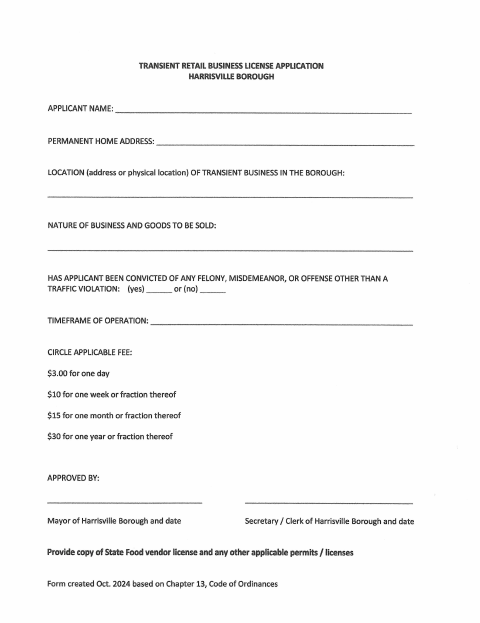 First page of the Transient Retail Business License Application