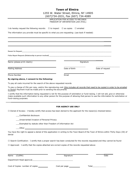 First page of the Application for Access to Records Under FOIL