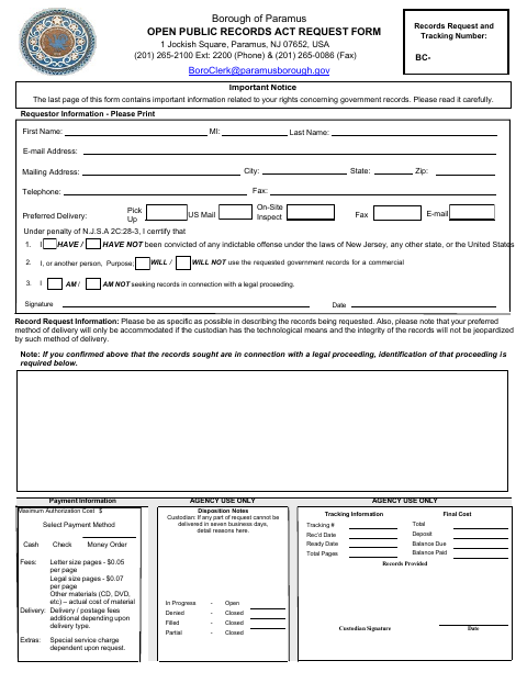 First page of the Open Public Records Act Request Form