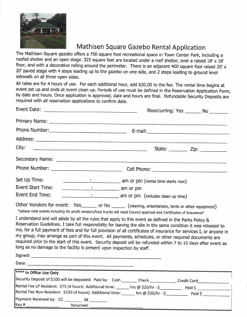 First page of the Mathisen Square Gazebo Rental Application