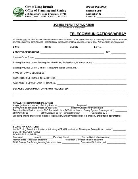 First page of the Zoning Permit Application Telecommunications/Array