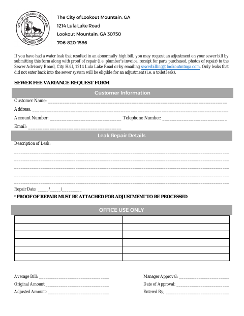 First page of the Sewer Adjustment Form