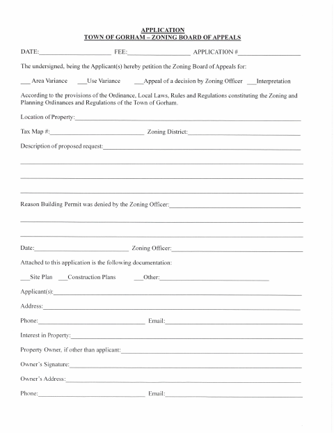 First page of the Zoning Board of Appeals Application