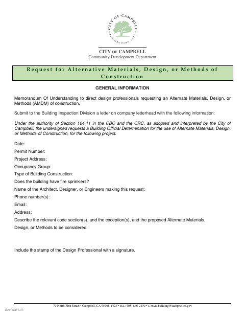 First page of the Request for Alternative Materials, Design, or Methods of Construction