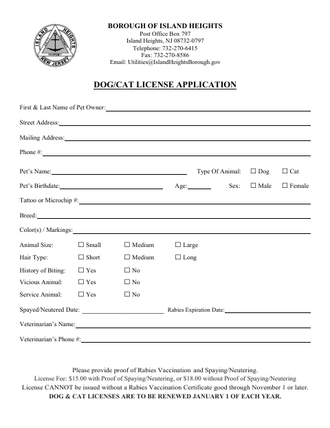 First page of the Dog/Cat License Application