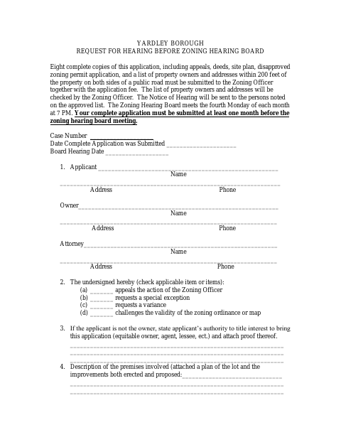 First page of the Request for Hearing Before Zoning Hearing Board