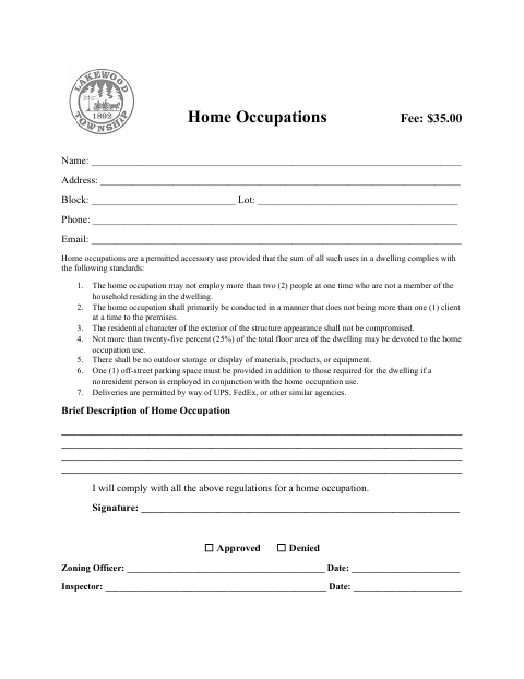 First page of the Home Occupations Application