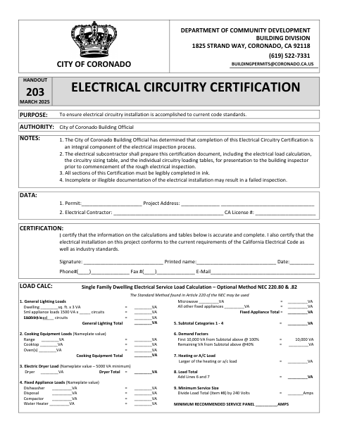 First page of the Electrical Circuitry Certification