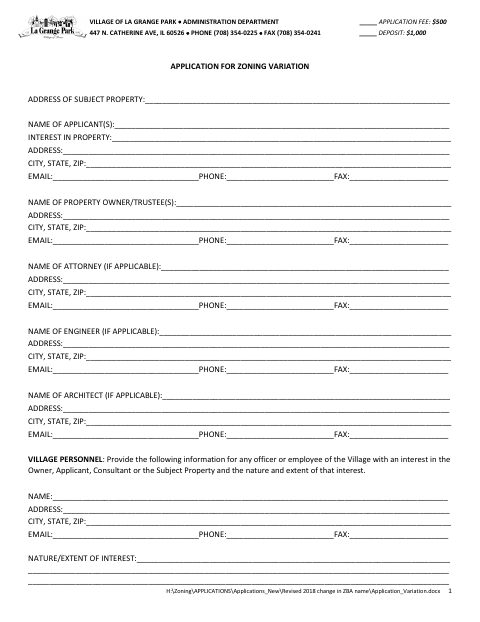 First page of the Application for Zoning Variation