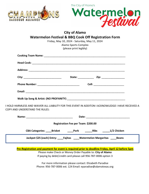 First page of the Watermelon Festival & BBQ Cook Off Registration Form