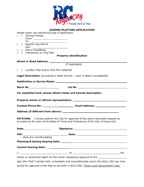 First page of the Zoning/Platting/SUP Application