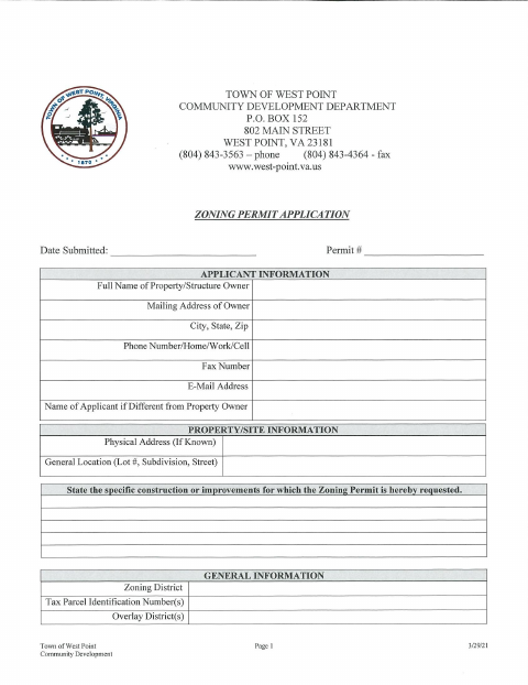 First page of the Zoning Permit Application