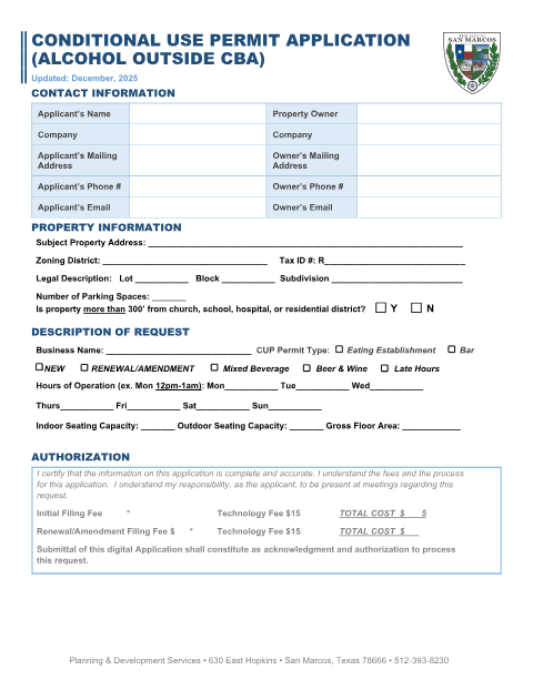 First page of the Conditional Use Permit Application – Alcohol Outside CBA