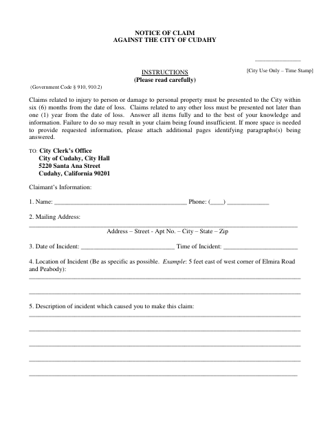 First page of the Notice of Claim Against the City of Cudahy