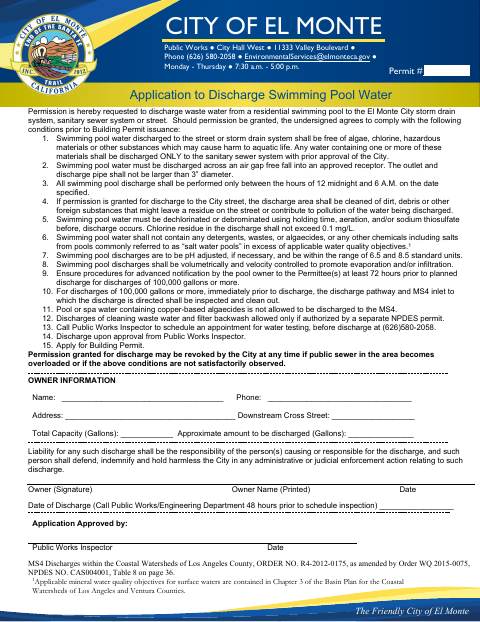 First page of the Application to Discharge Swimming Pool Water
