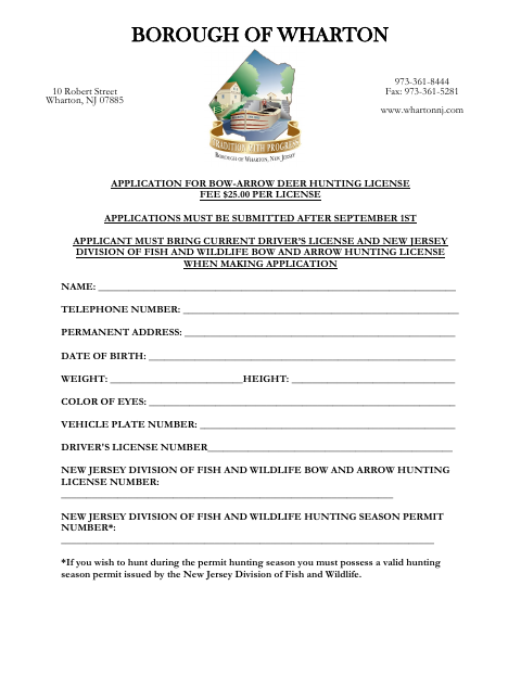 First page of the Bow-Arrow Deer Hunting License Application