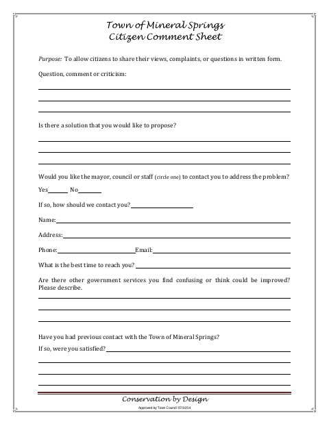 First page of the Citizen Comment Sheet